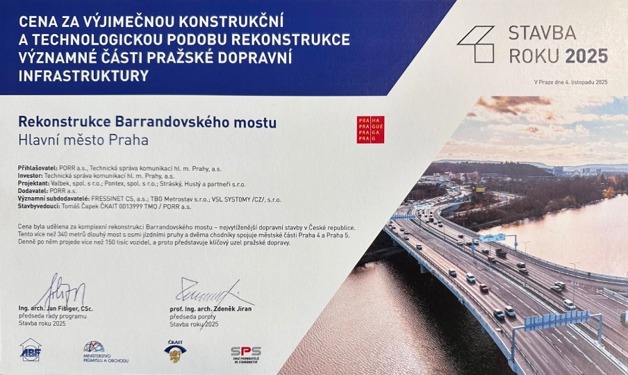 Diplom za rekonstrukci Barrandovského mostu v kategorii Stavba roku 2025