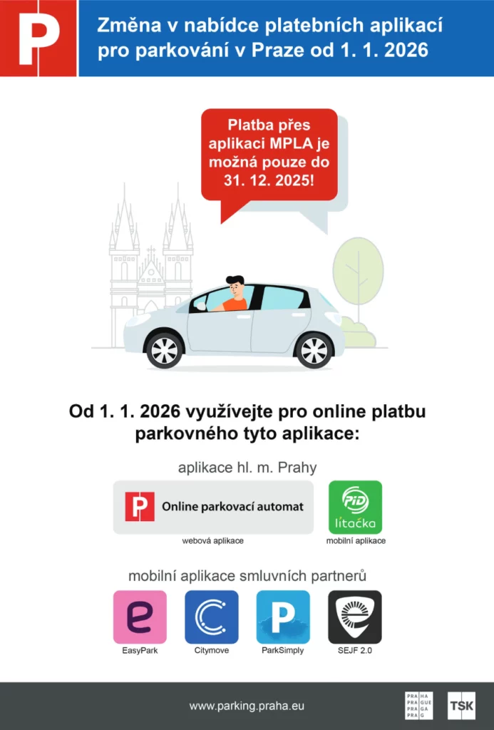 Leták ke změně v nabídce aplikací pro platbu za parkování v Praze.