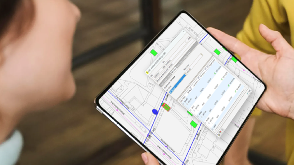 Pohled na dámské ruce držící tablet, kde je na displeji zobrazena mapová aplikace CDSw.