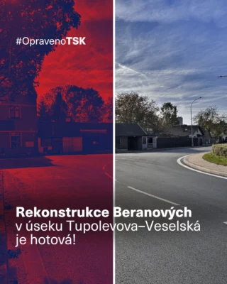 ✅ Rozsáhlá a komplexní rekonstrukce ulice Beranových v úseku Tupolevova–⁠⁠⁠⁠⁠⁠Veselská v Praze 18 je úspěšně dokončená!

🔧 Co vás čeká:
• nová asfaltová vozovka s kvalitním podložím,
• opravené obrubníky a vyrovnané vpusti,
• obnovené vodorovné značení pro lepší přehlednost a bezpečnost.

Úsek tak bude plynulejší a bezpečnější pro řidiče i obyvatele.

Děkujeme všem za trpělivost během uzavírek a objízdných tras. Společně budujeme lepší Prahu. 💙

#TSKPraha #TSK #Praha #Praha18 #Letnany #rekonstrukce #oprava
