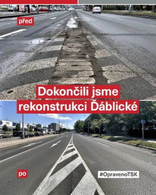 Dokončili jsme finální etapu rekonstrukce ulice Ďáblická 🛠️ℹ️

V úseku mezi ulicemi Žernosecká a Střelničná byly úspěšně dokončeny veškeré stavební práce. Dnešním dnem, tedy od čtvrtka 28. května, je tento úsek oficiálně plně uvolněn pro provoz. 🚗🚌 Provoz osobních automobilů i linek městské hromadné dopravy je zde nově kompletně obnoven a funguje bez omezení.

Tato stavební akce uzavírá rozsáhlý, víceletý projekt celkové modernizace Ďáblické ulice, který probíhal na etapy již od roku 2024. 📈 V rámci koordinovaných fází došlo k postupné výměně konstrukčních vrstev vozovky, opravě odvodnění a obnově vodorovného i svislého značení. 📐

Všem řidičům, cestujícím v MHD i obyvatelům z okolí děkujeme za trpělivost a ohleduplnost během jednotlivých fází výstavby. 🙏

#TSK #Praha