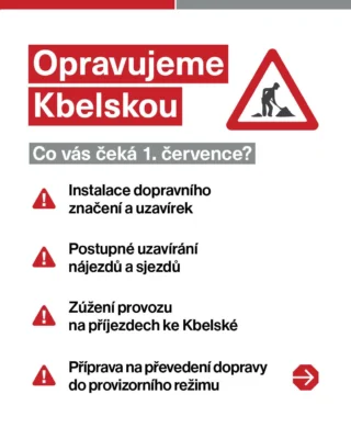 🚧 Rekonstrukce Kbelské je tady! Co se bude dít v nejbližších dnech?

📅 1. července
Během dne bude probíhat instalace dopravního značení, zúžení jízdních pruhů a postupné uzavírání nájezdů a sjezdů. Cílem je připravit komunikaci na nový dopravní režim, ve kterém bude rekonstrukce probíhat.

📅 2. července
V nočních a ranních hodinách dojde k postupnému převedení dopravy do režimu 1+1 a následně začne platit plné dopravní omezení. Současně budou zahájeny samotné stavební práce.

⚠️ Prosíme řidiče, aby v prvních dnech věnovali zvýšenou pozornost dopravnímu značení a počítali s možným zdržením.

📍 Aktuální informace o rekonstrukci Kbelské a souvisejících omezeních budeme průběžně zveřejňovat na našich sociálních sítích a na portálu opravujeme.to

#tsk #kbelska #rekonstrukce